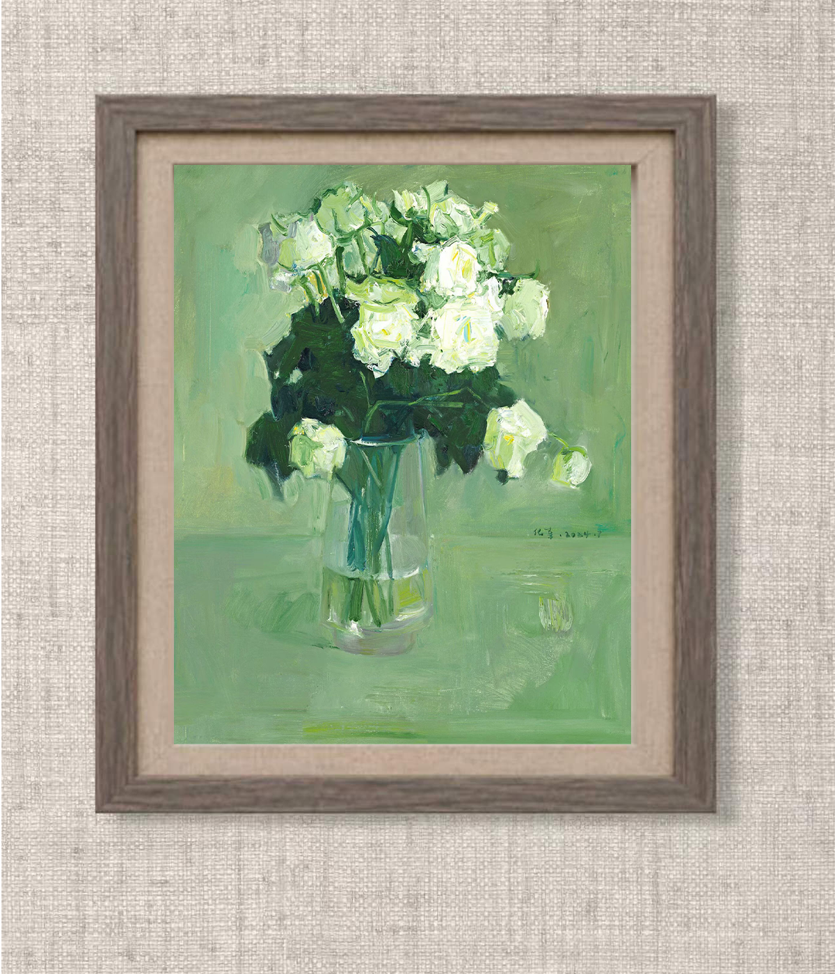 White Roses on Green Ground | Original Oil Painting