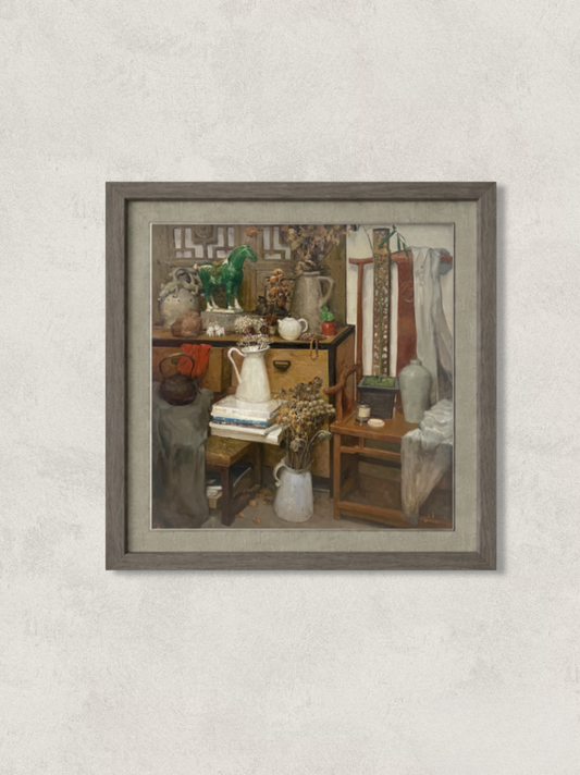Original oil painting depicting a richly layered interior still life with decorative objects, books, ceramics, and furniture. Painted by Hua Xi Yang with refined brushwork and a warm atmospheric palette.