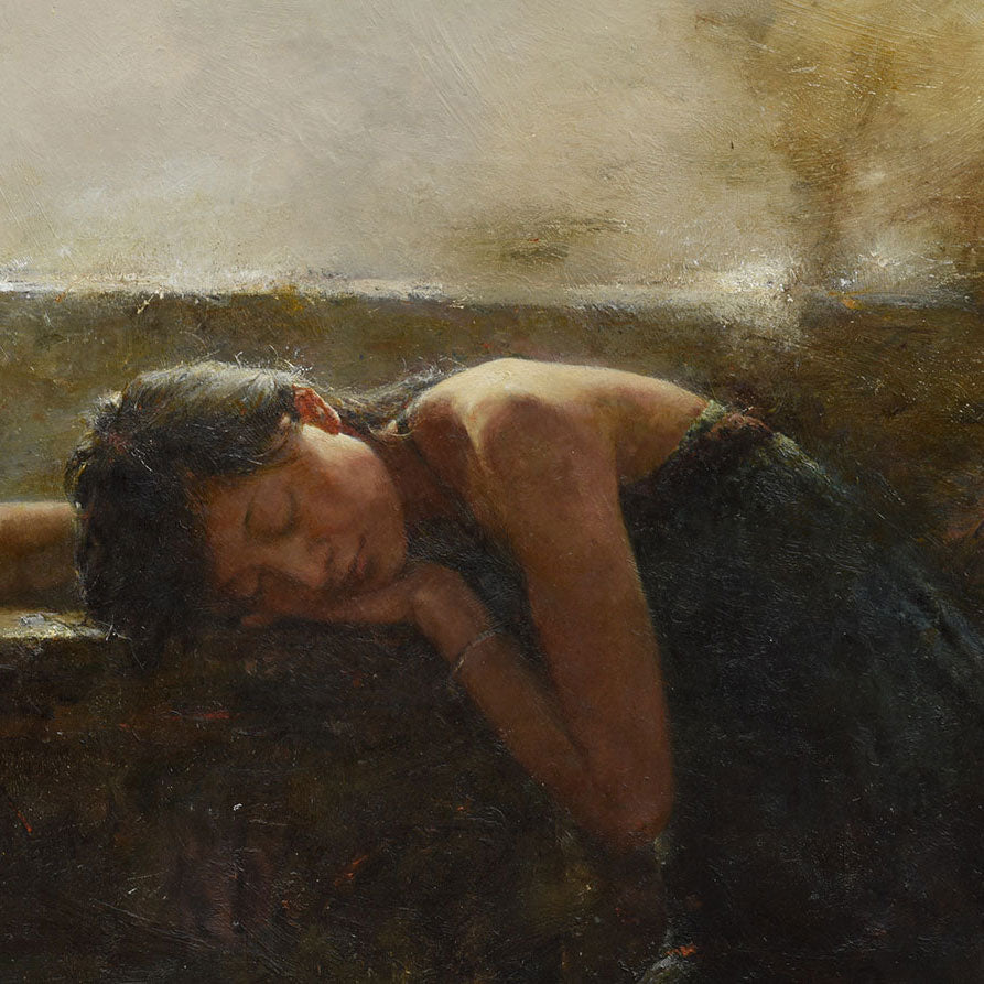 Original Figurative Oil Painting – Resting Woman in Soft Light