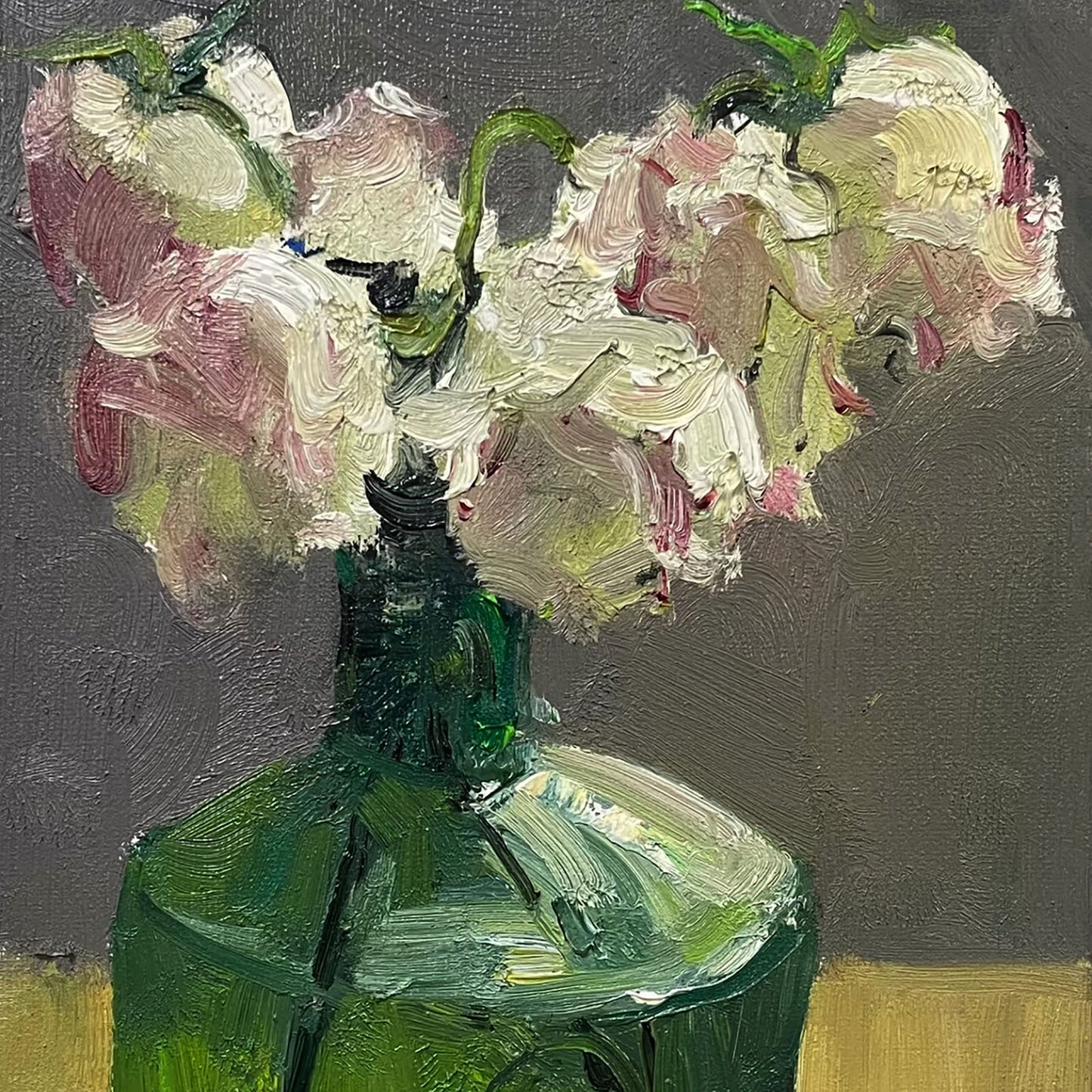 Soft Pink Flowers in Green Glass Bottle | Original Oil Painting