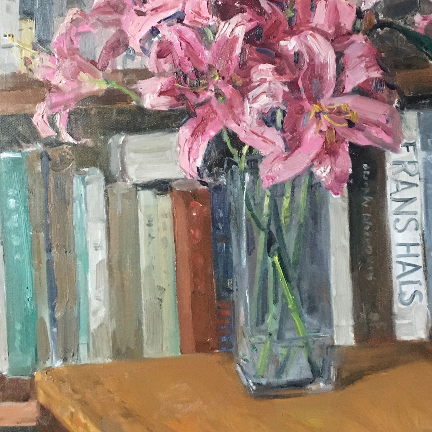 Original Pink Lily Still Life Oil Painting – Floral Vase Interior Wall Art