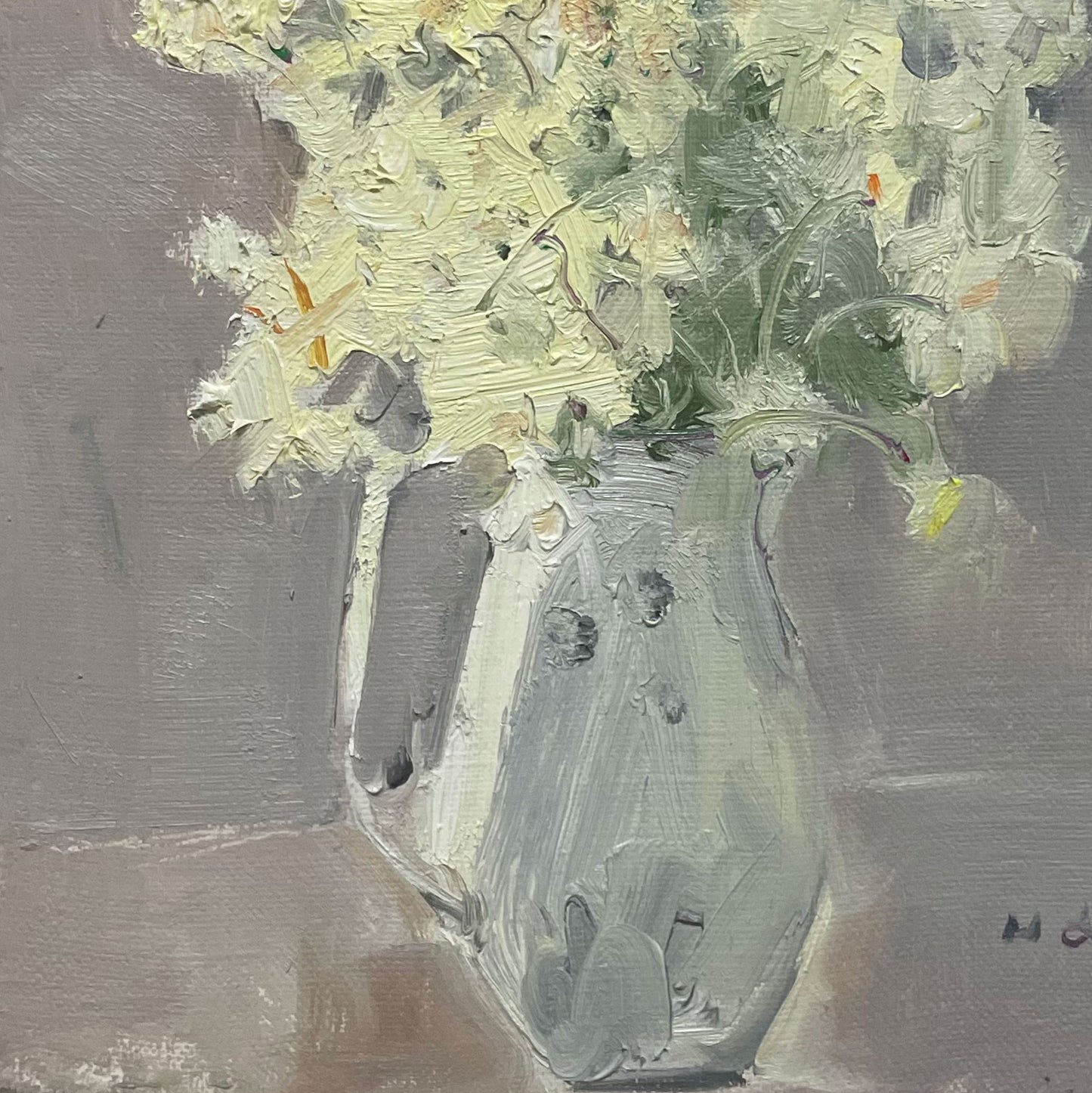 Soft Yellow Flowers in Ceramic Vase | Original Oil Painting