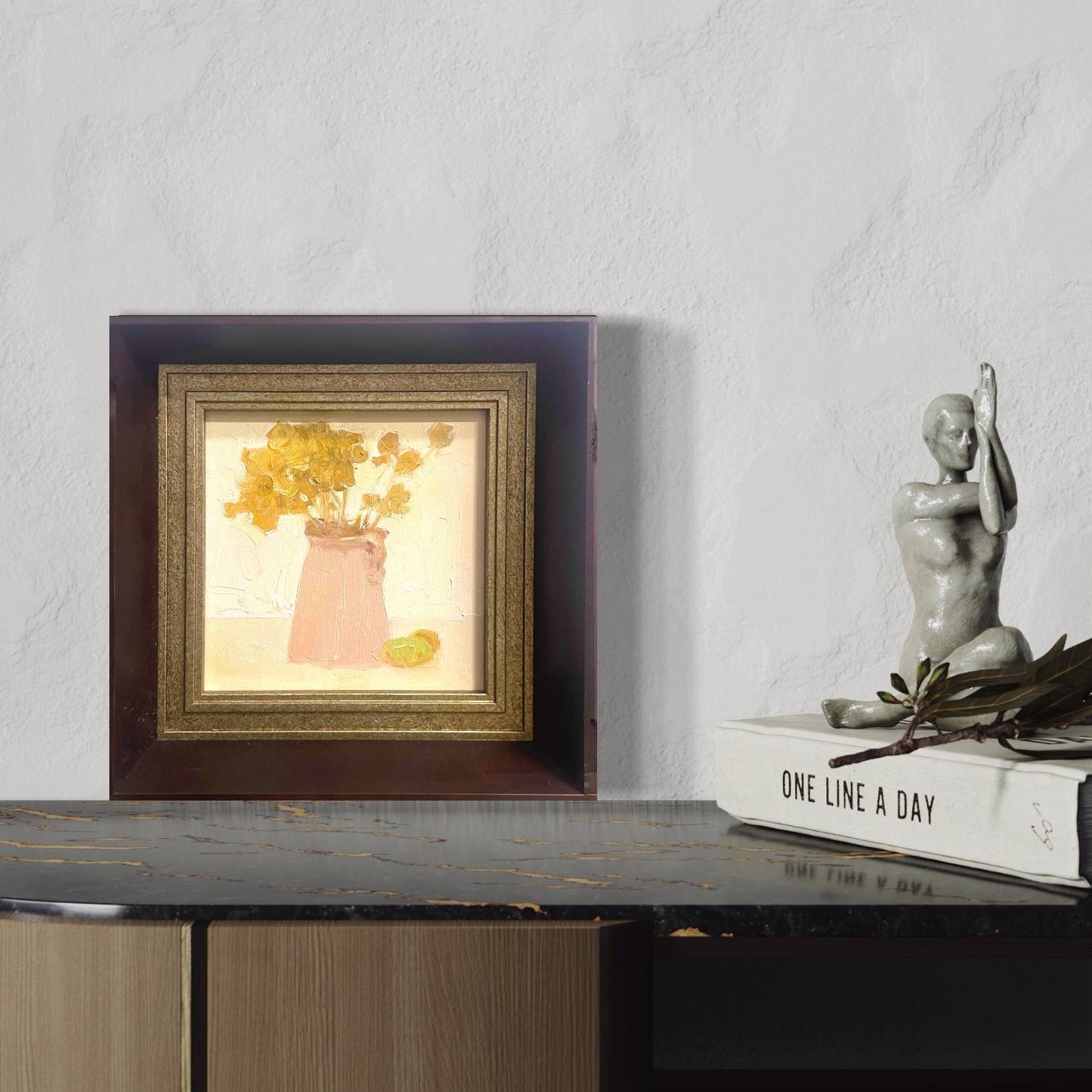 Small Floral Oil Painting (Framed) – Yellow Flowers in Pink Vase Original Art