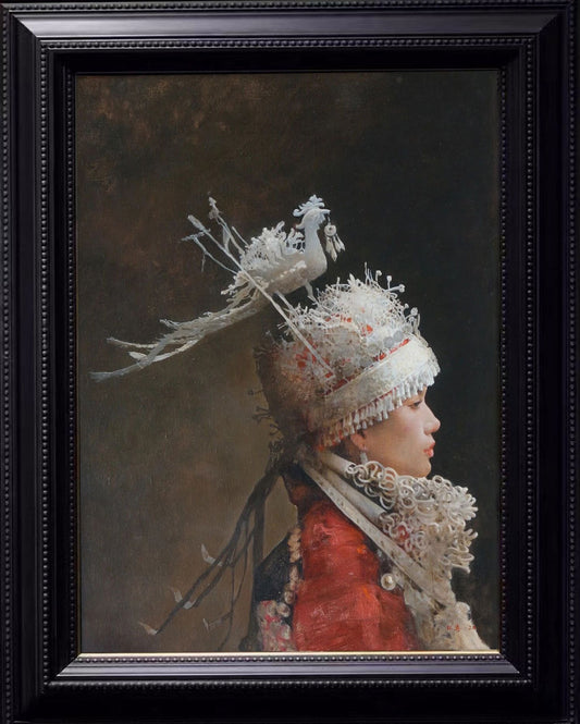 Profile of a Miao Woman with Silver Headdress Original Oil Portrait Painting on Canvas