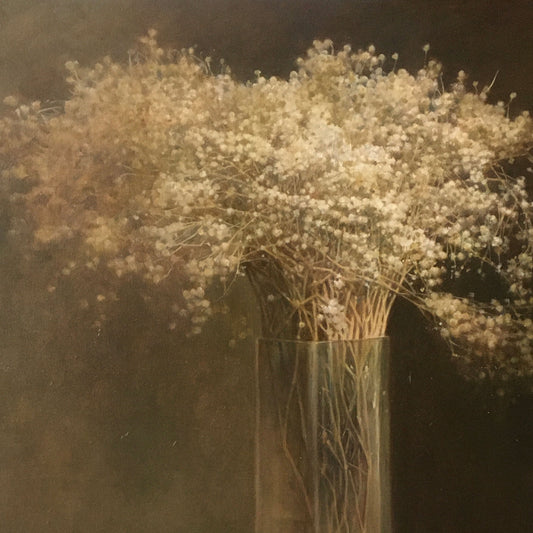 Original Baby’s Breath Still Life Oil Painting – Oriental Vase Floral Wall Art