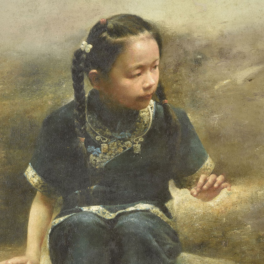 Original Child Figurative Oil Painting – Girl in Traditional Dress Wall Art