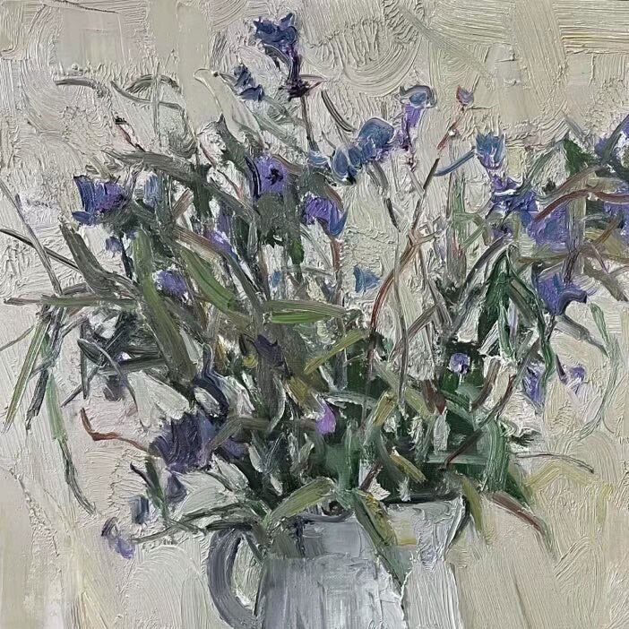 Still Life with Blue Flowers and Porcelain Jar | Original Oil Painting