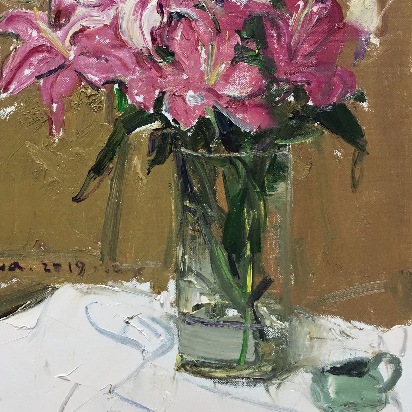 Pink Lilies in Glass Vase | Original Oil Painting