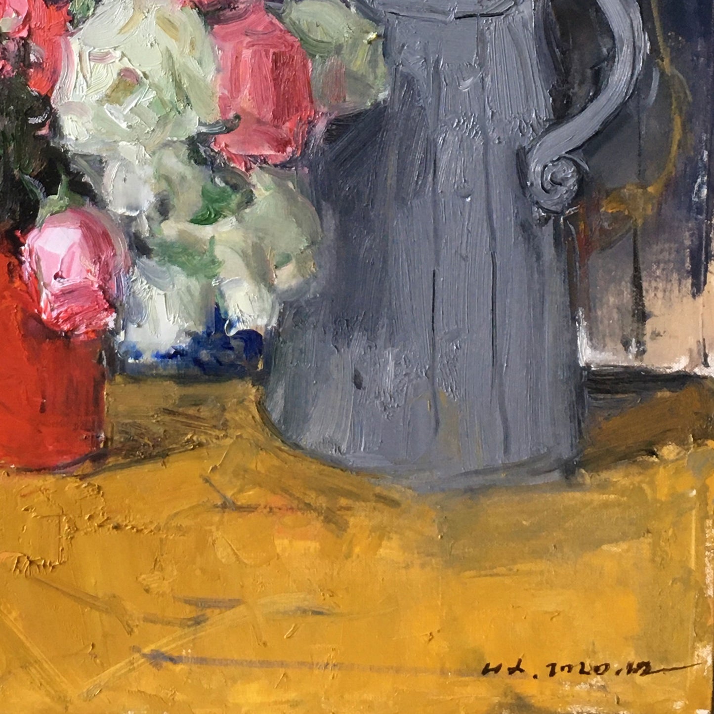 Pink and White Flowers with Gray Pitcher | Original Floral Still Life Oil Painting