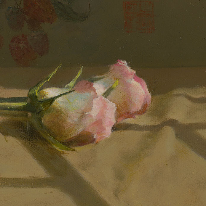 Roses with Bird Motif | Original Still Life Oil Painting