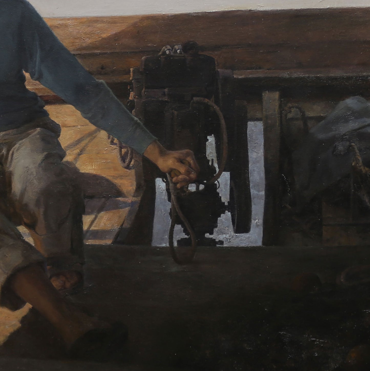 Seated Man in a Boat Cabin | Original Figurative Oil Painting