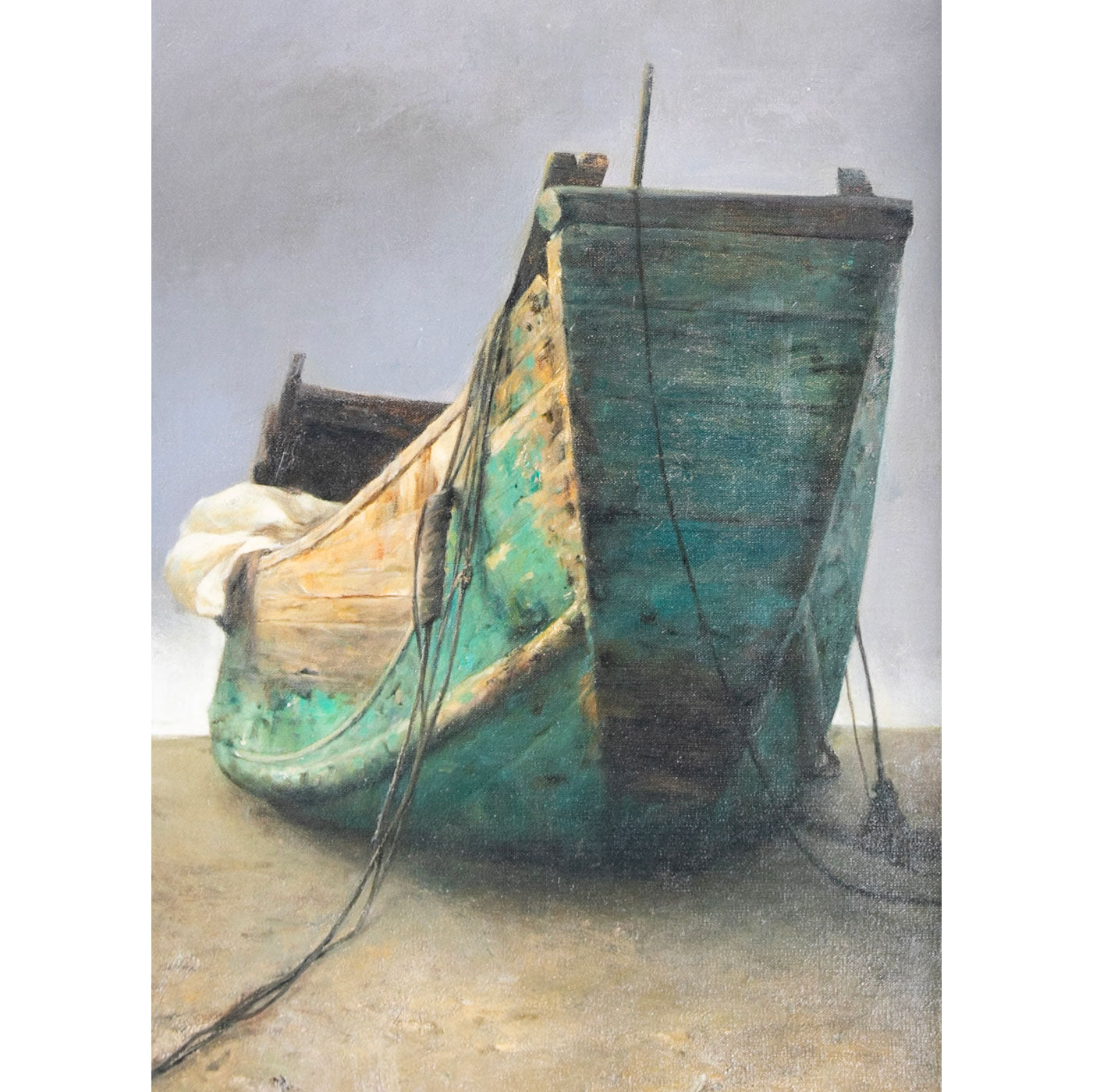 Original Oil Painting of Weathered Boat – Vertical Moody Coastal Wall Art