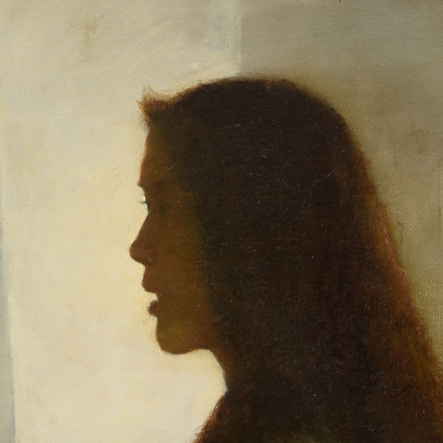Original Figurative Oil Painting – Quiet Female Profile Interior Wall Art