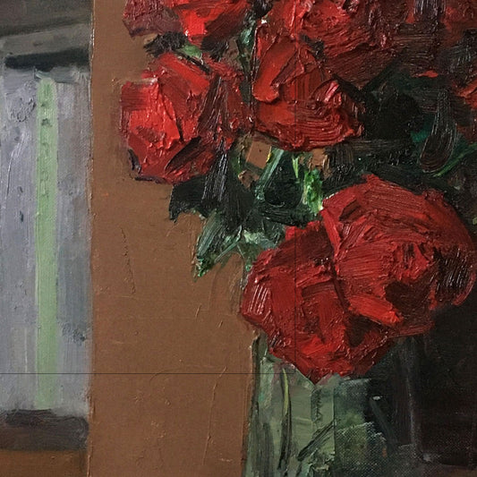 Original Red Rose Still Life Oil Painting – Floral Vase Bookshelf Wall Art