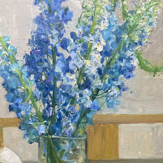 Close-up detail of blue delphinium flowers, highlighting layered blossoms, vertical movement, and expressive brushwork.
