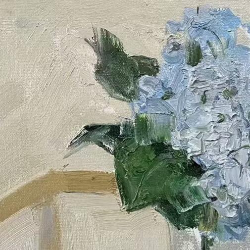 Close-up detail of a blue hydrangea bloom, highlighting layered petals, subtle color variations, and expressive brushwork.