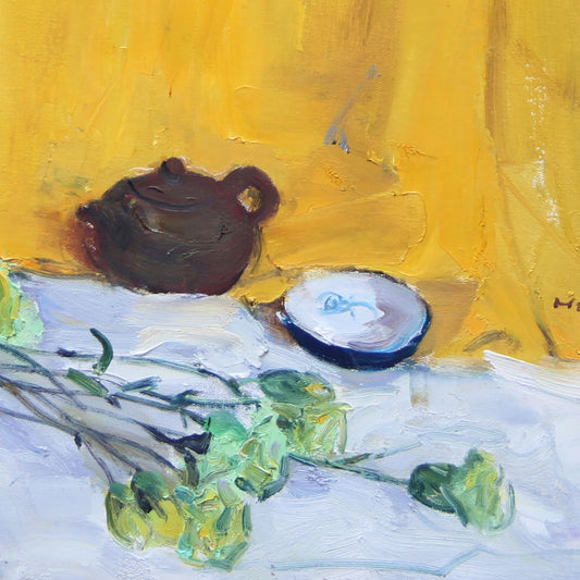 Close-up detail of a ceramic teapot, blue-and-white dish, and tabletop objects painted with rich texture and warm color relationships.