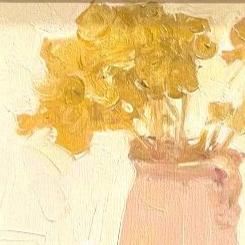 Close-up detail showing layered oil paint texture and expressive brushwork in the yellow flower arrangement, emphasizing the handmade quality and soft tonal transitions of the artwork.