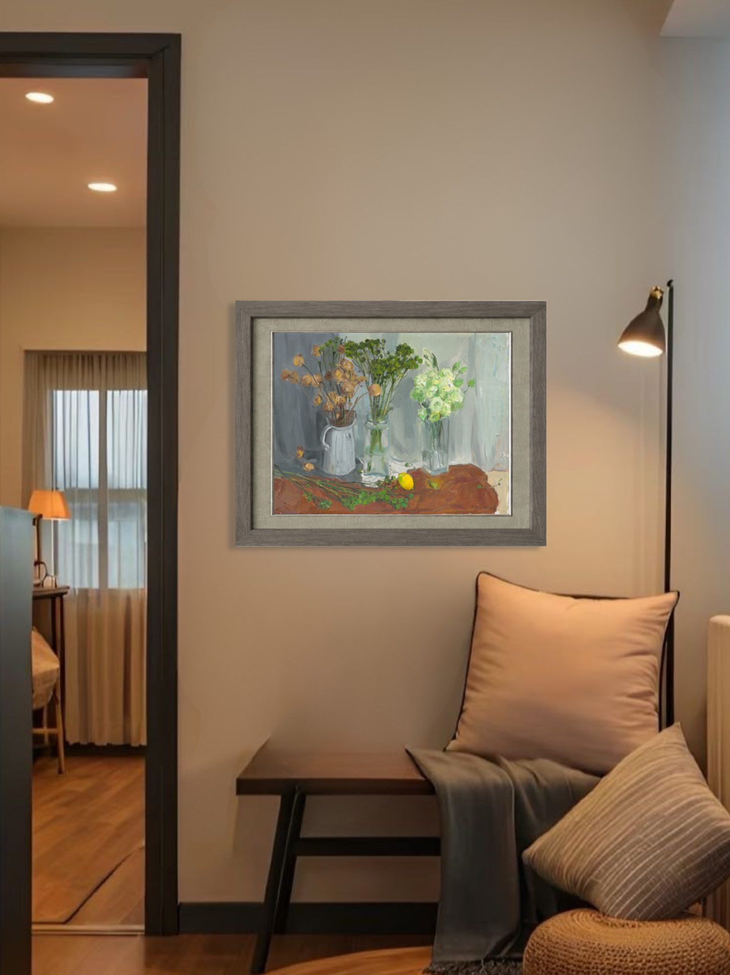 Framed original oil painting featuring multiple flower arrangements displayed in a contemporary living room, creating a sophisticated decorative focal point.