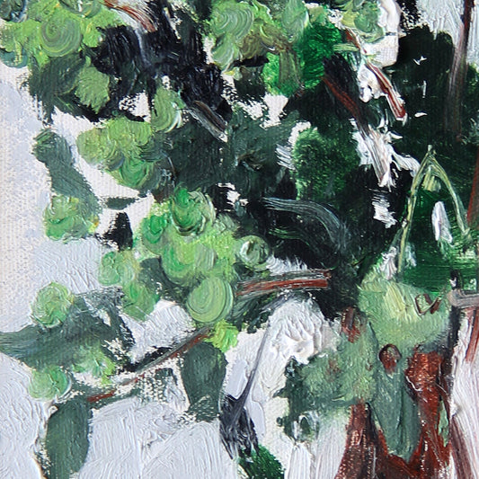 Close-up detail of an original greenery oil painting showing layered green brushstrokes, textured foliage, and expressive painterly movement.