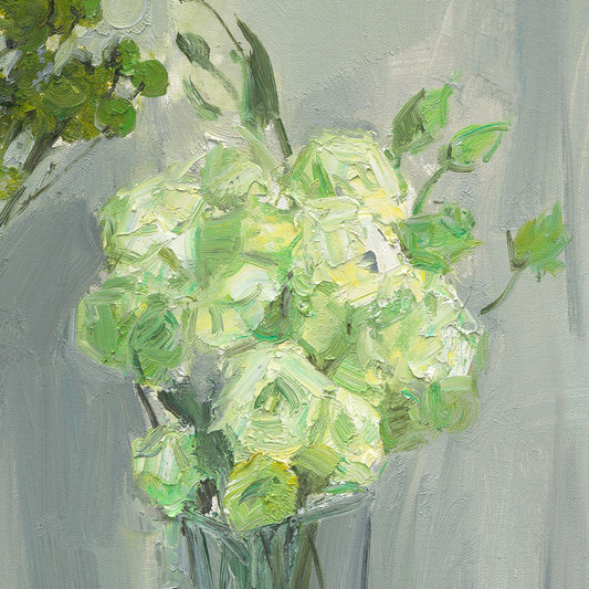 Close-up detail of green roses arranged in a glass vase, highlighting layered petals, fresh greenery, and expressive brushwork.