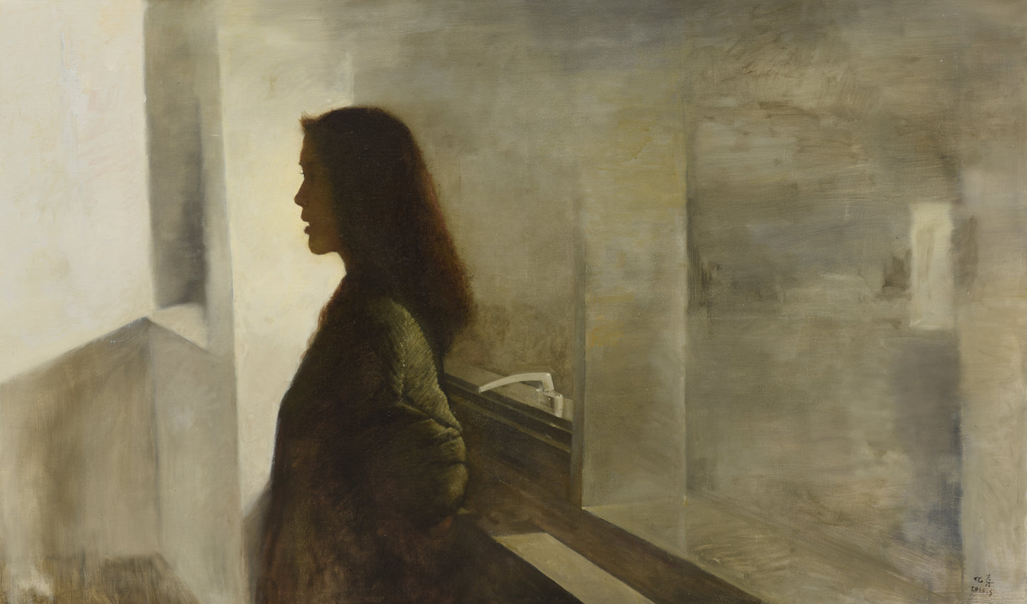 Original Figurative Oil Painting – Quiet Female Profile Interior Wall Art