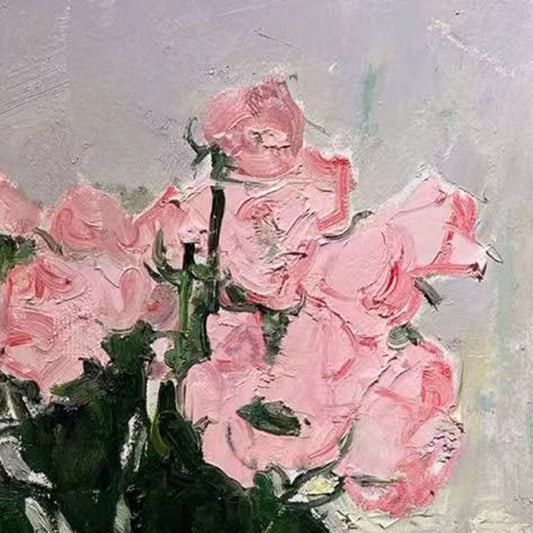Close-up of pink flowers in ceramic and glass vases, highlighting layered petals, gentle tonal transitions, and painterly texture.
