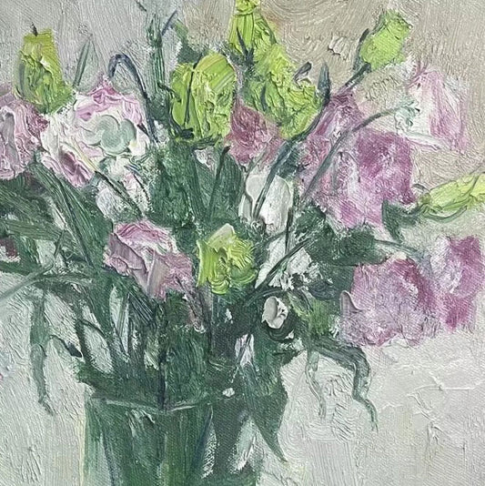 Close-up detail of purple sweet pea flowers arranged in a glass vase, highlighting layered petals, airy composition, and expressive brushwork.