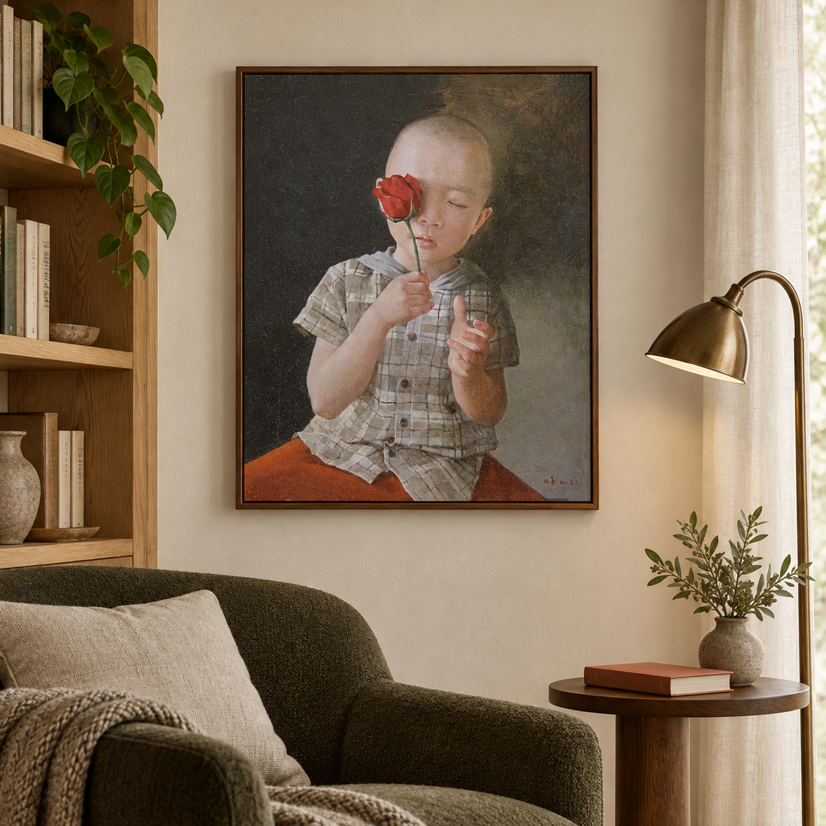 Boy with a Red Rose – Original Figurative Oil Painting by Yang Huaxi