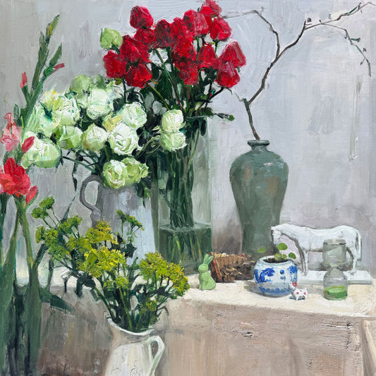 Close-up of red and white flowers arranged in a glass vase, highlighting layered petals, transparency, and delicate brushwork.