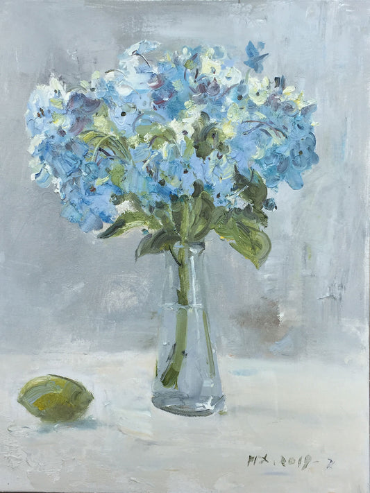 Original blue hydrangea still life oil painting with flowers in a glass vase and soft light tones