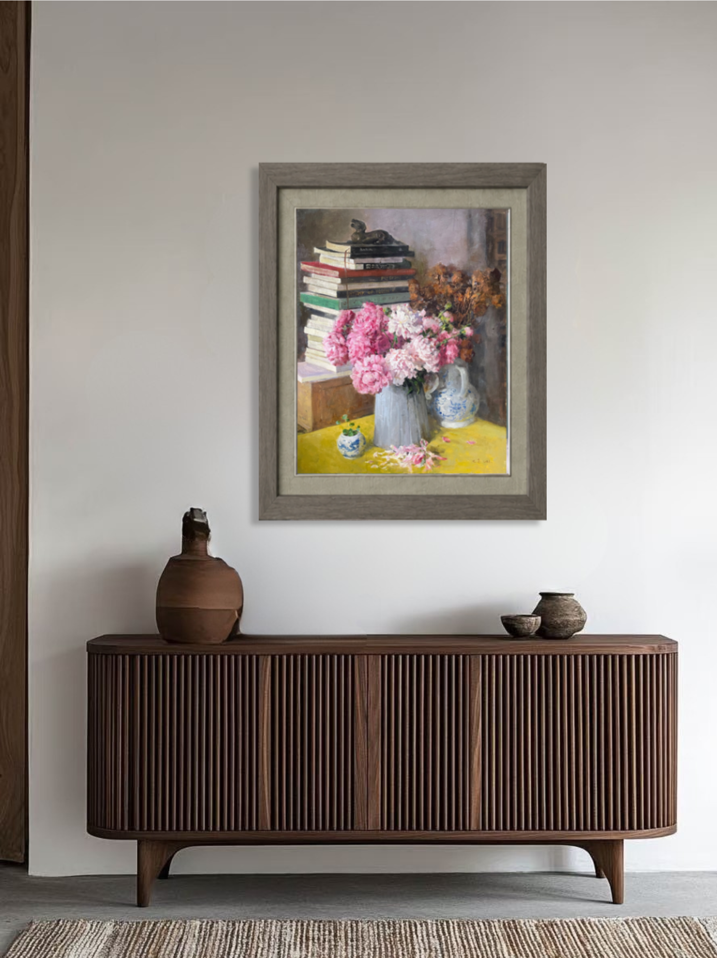 Original Still Life Oil Painting with Pink Peonies and Books