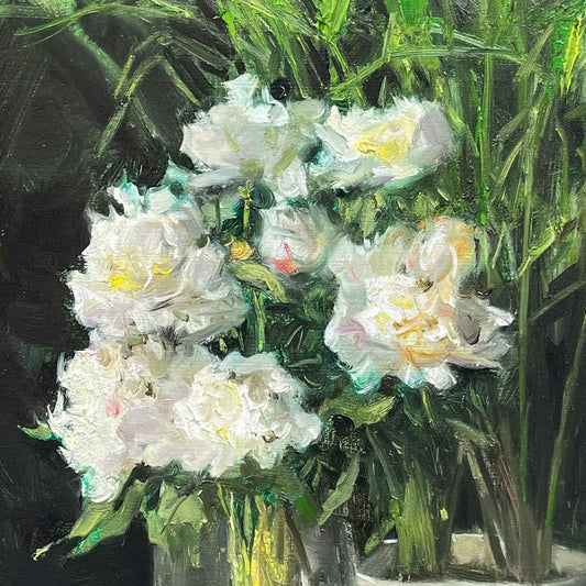 Original Floral Still Life Oil Painting with White Roses and Glass Vase