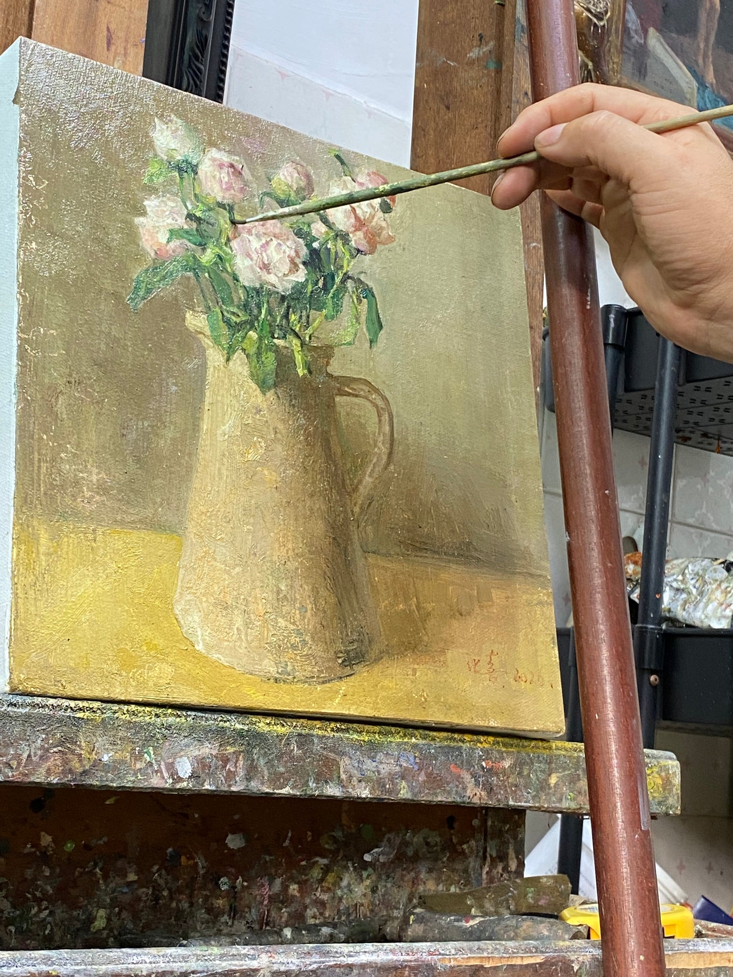 Original Still Life Oil Painting with Pink Peonies and Ceramic Pitcher