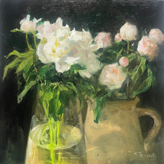 Original Still Life Oil Painting with White Peonies and Glass Vase