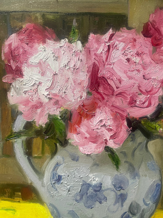 Original Oil Painting of Pink Peonies and Blue-and-White Vase