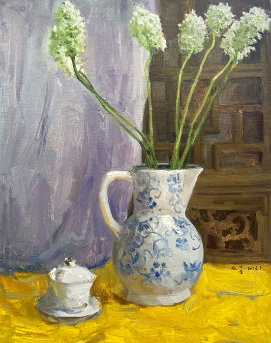 Original Still Life Oil Painting with White Hyacinths and Blue Ceramic Pitcher