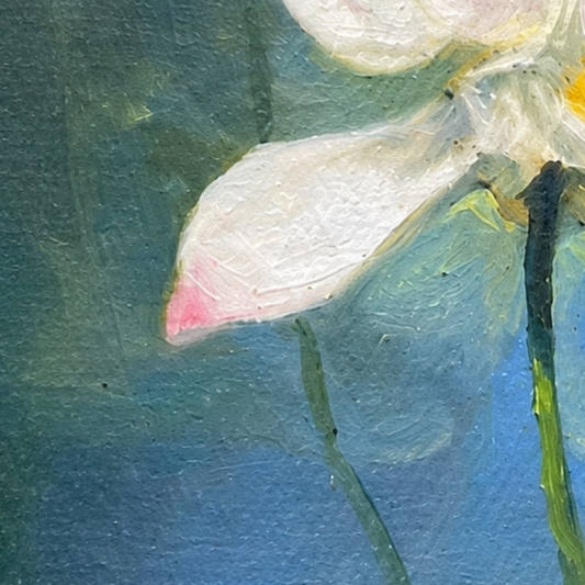 Close-up view of lotus petals showing expressive brushwork, layered color, and delicate texture in the original painting.
