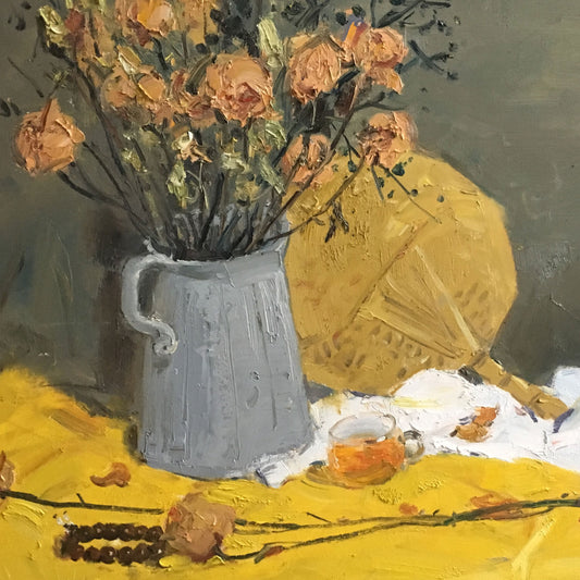 Original floral still life oil painting of flowers in a gray pitcher on a yellow tablecloth