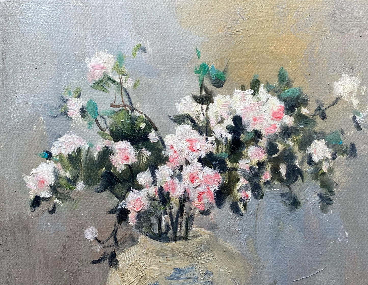 Original floral still life painting featuring pink and white blossoms arranged in a ceramic vase against a soft neutral background.