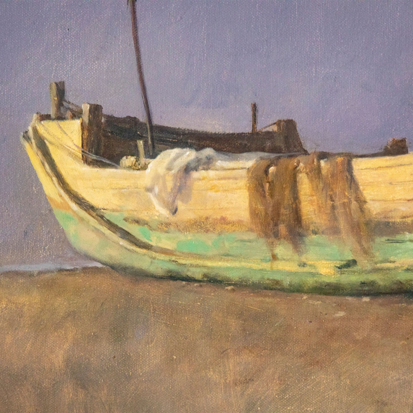 Detail of coastal oil painting with layered brushwork and color transitions