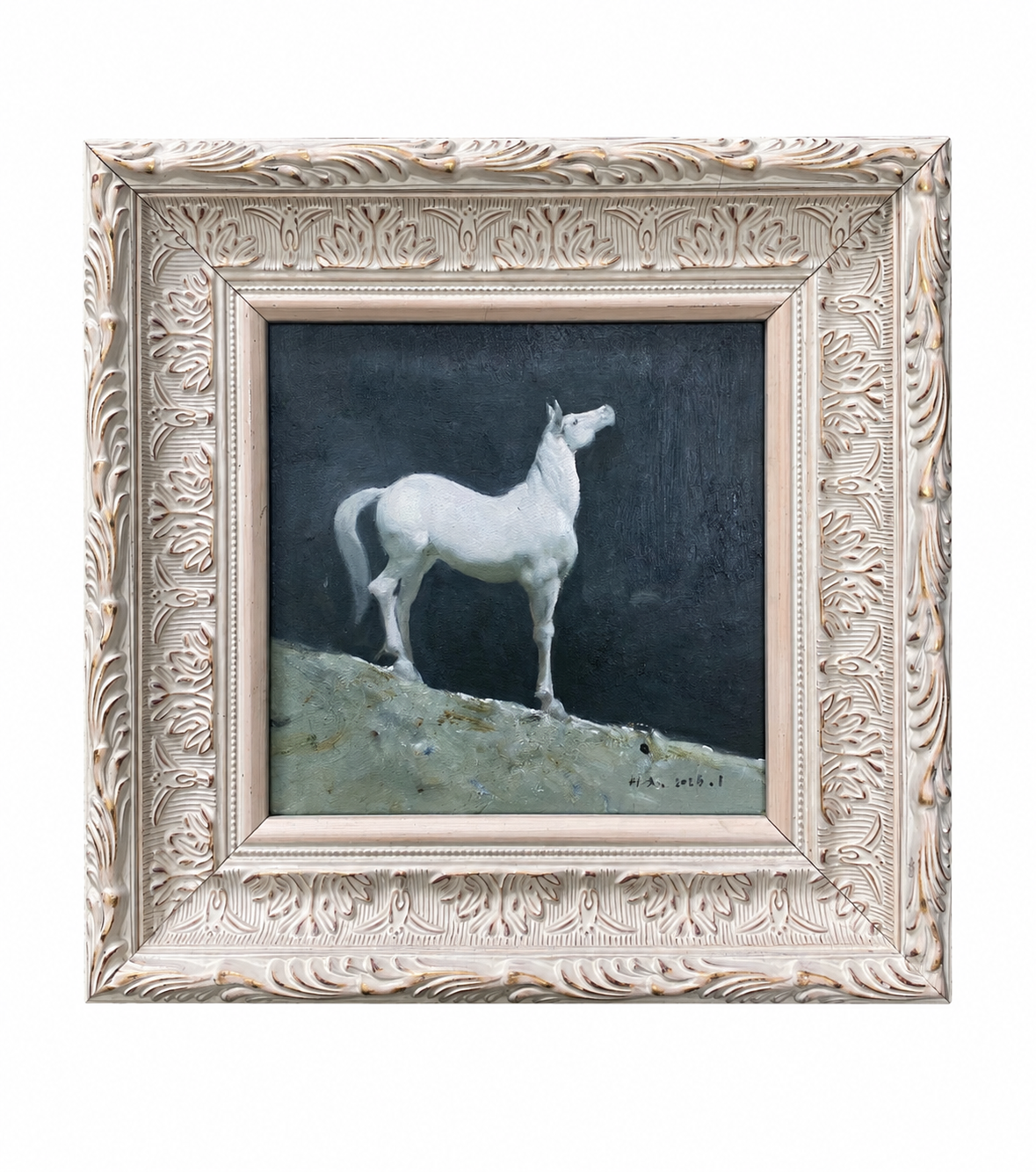 White Horse Oil Painting (Framed) – Original Animal Portrait Artwork