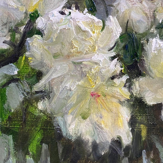 close up detail of white peony oil painting brushwork