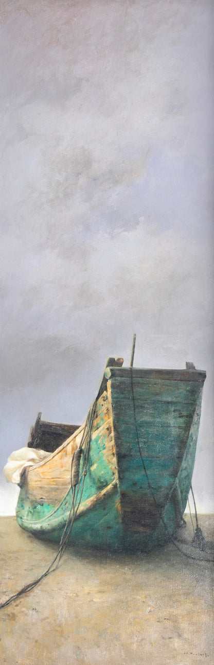 Original Oil Painting of Weathered Boat – Vertical Moody Coastal Wall Art