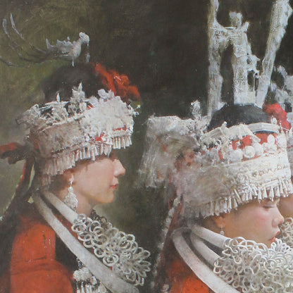 Original Ethnic Group Portrait Oil Painting – Traditional Costume Figurative Wall Art
