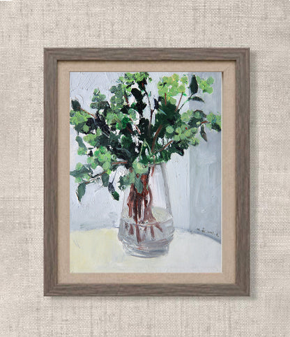 Still Life with Greenery and Glass Vase | Original Oil Painting