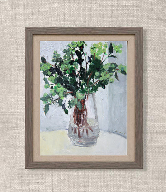 Still Life with Greenery and Glass Vase | Original Oil Painting