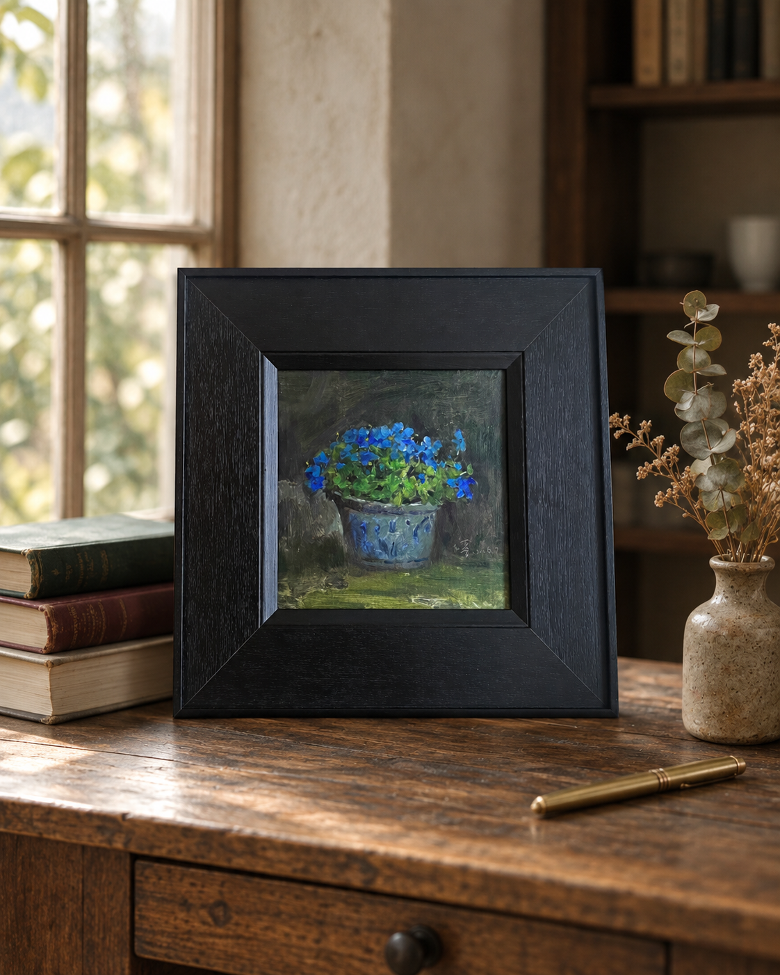 Blue Flowers in a Ceramic Pot – Original Floral Oil Painting