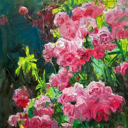 Original Framed Garden Floral Oil Painting – Pink Flower Landscape Wall Art