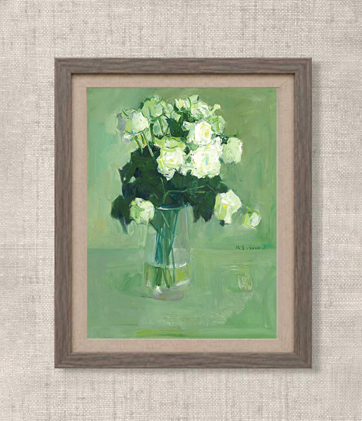 White Roses on Green Ground | Original Oil Painting